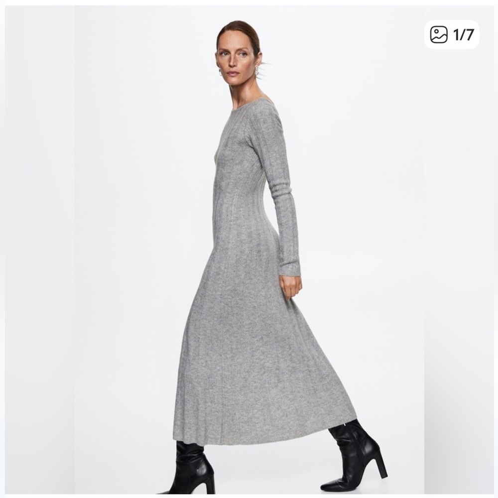Mango Heather Gray Ribbed Long Sleeve Dress Size M NWT.